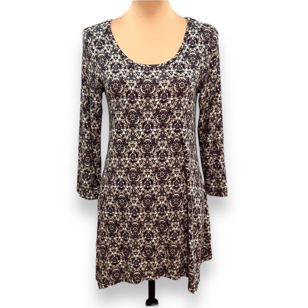 3/$30 Cupio Asymmetrical Hem Tunic Top Gray Blue Boho Print S/Small Kaleidoscope